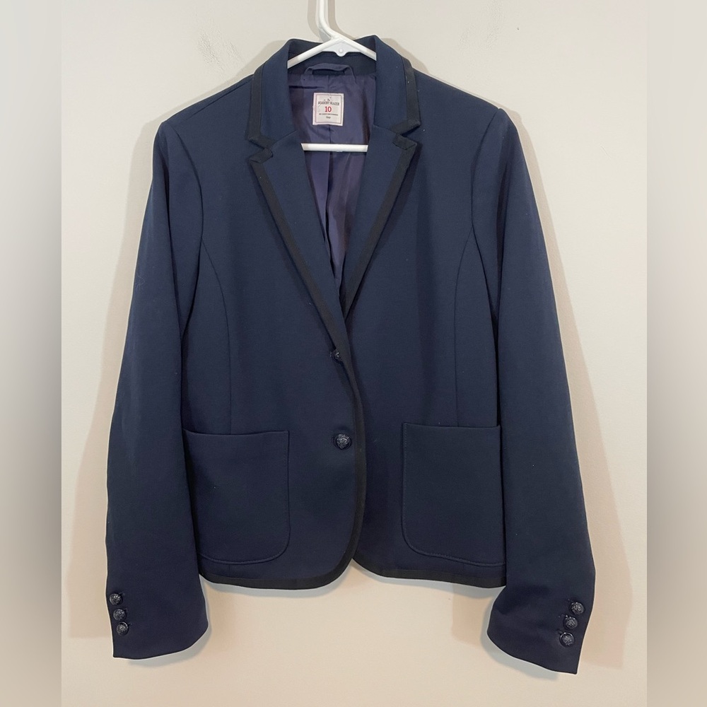 ap Academy Blazer Womens Sz 10 navy Jacket Stretch academia Preppy black trim